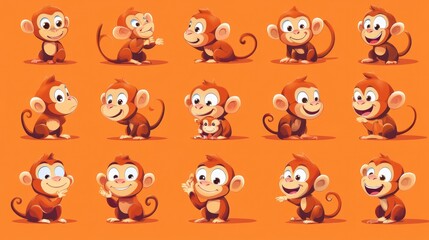 Fototapeta premium Cartoon monkey collection set featuring playful monkeys in different poses and expressions, vector illustration with vibrant colors.