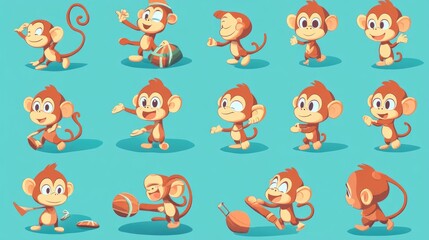 Obraz premium Cartoon monkey vector set, featuring a mix of monkeys performing fun and silly activities, perfect for playful designs.