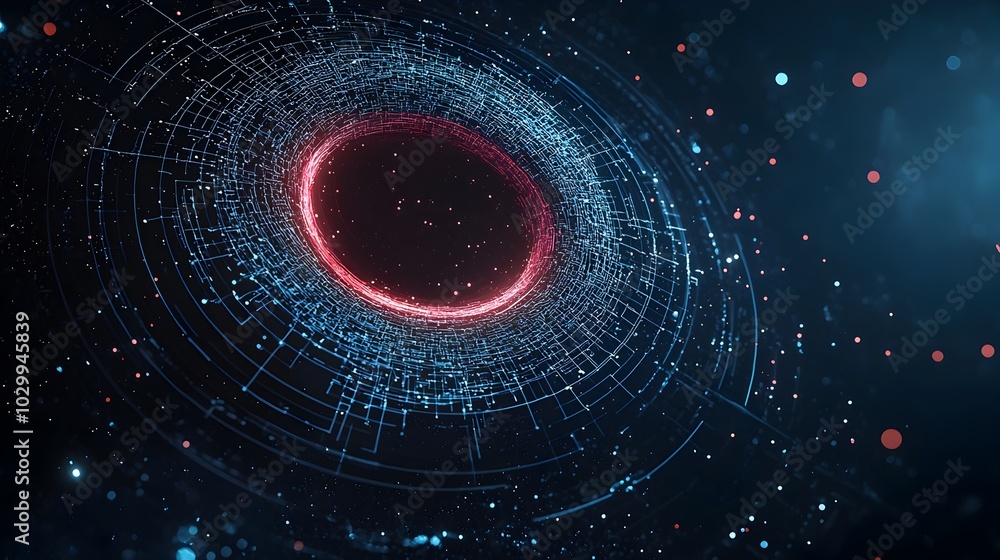 Poster glowing spiral mesh formation with dynamic futuristic digital visualization