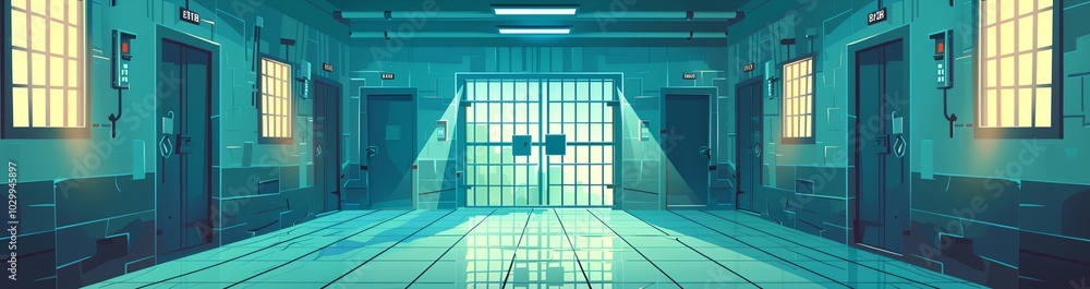 Poster a prison cell block with a large window in the middle. the room is empty and the light is shining th