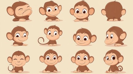Obraz premium Cheerful cartoon monkey collection, showing different expressions and playful actions, designed in vector for children's content.