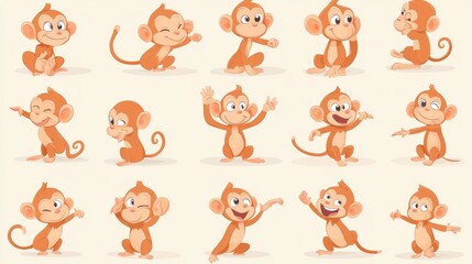 Naklejka premium Cheerful cartoon monkey collection, showing different expressions and playful actions, designed in vector for children's content.