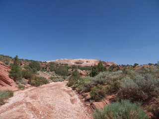 Approaching famous Buckskin Gulch canyon, hiking by the dry riverbed and red rocky Arizona desert landscape