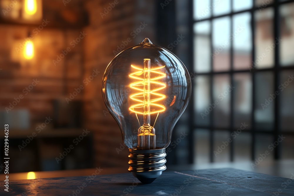 Aufkleber a glowing light bulb sits on a table in a room with a brick wall. the light bulb is the only source 