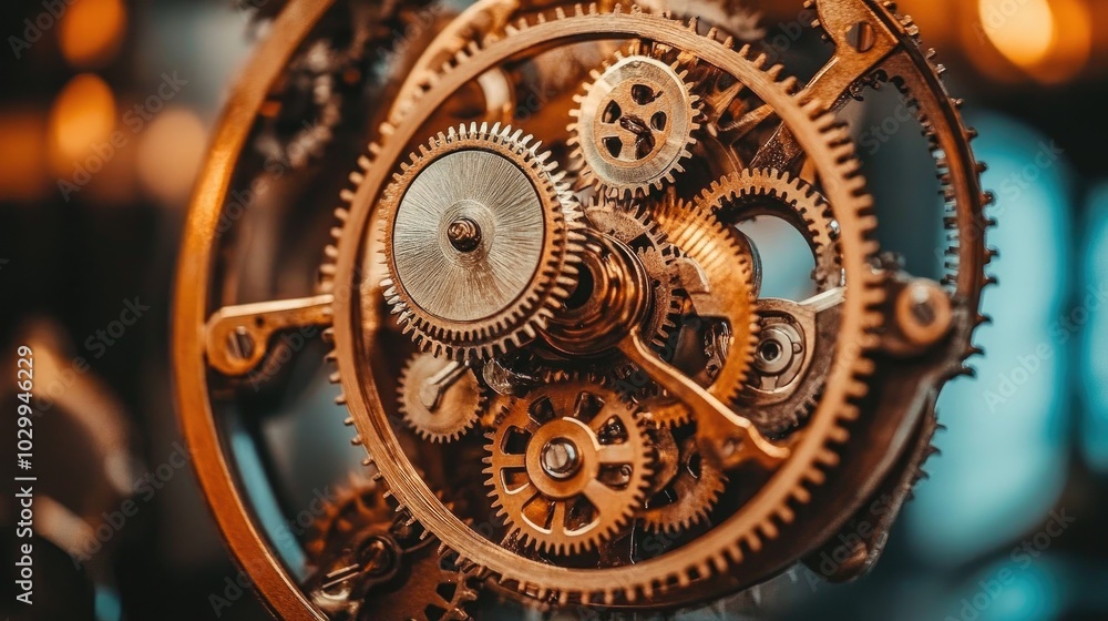 Poster close-up of the internal gears of a clock, turning slowly as time ticks away, emphasizing mechanical