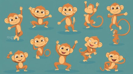Obraz premium Collection of cartoon monkey illustrations, showing a variety of funny monkey poses, perfect for children themes in vector style.