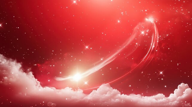 Bold red galaxy background with swirling gas clouds and bright stars, evoking the power of the cosmos.