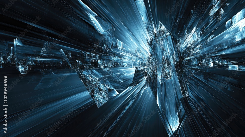 Poster dark blue abstract background featuring sharp geometric lines and shapes, forming a dynamic wide ban