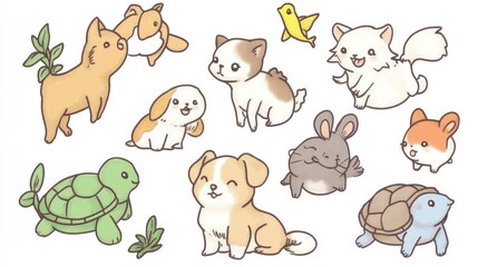 Fototapeta premium Cute pet doodle vector set featuring a dog, cat, bird, fish, rabbit, rat, and turtle, all in playful poses, isolated on a white background.