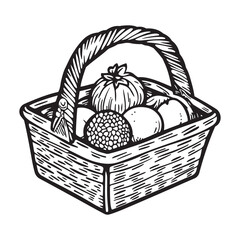 Fototapeta premium A basket filled with various fruits silhouette vector illustration on white background, Black and white coloring page food basket