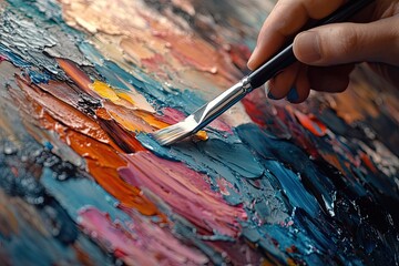 Obraz premium Close-up of Hand Mixing Paint with a Brush on a Palette