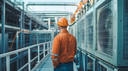 Fototapeta premium Engineer under checking the industry cooling tower air conditioner is water cooling tower air chiller HVAC of large industrial building to control air system