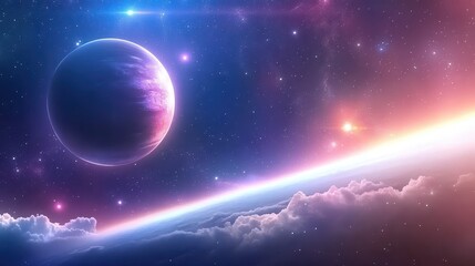 Obraz premium Bright galaxy background with a distant planet, glowing stars, and cosmic clouds in the background.