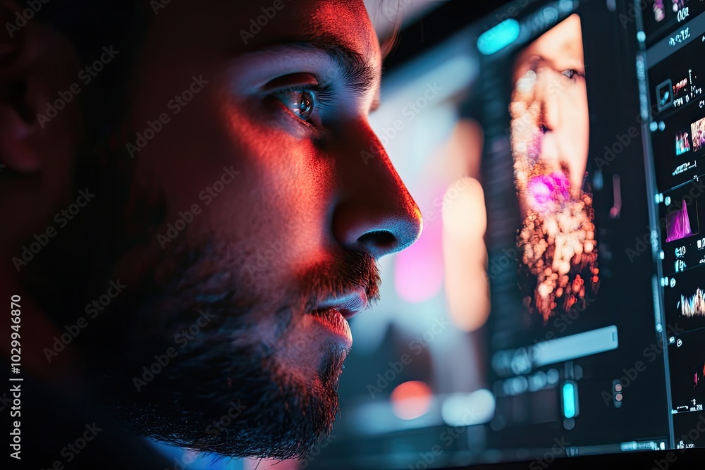 Poster close-up of a man's face in front of a computer screen with graphic design software