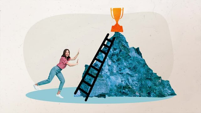 Motion collage video of happy businesswoman stand rock hold ladder goblet 
