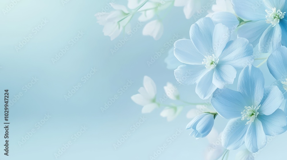 Poster close-up of pale blue flowers arranged in a cascading pattern, with soft focus creating a calming, e