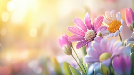 Naklejka premium Close-up of a vivid flower bed with a mix of blossoms in full bloom, arranged in soft, natural light. The perfect serene and nature-inspired background.