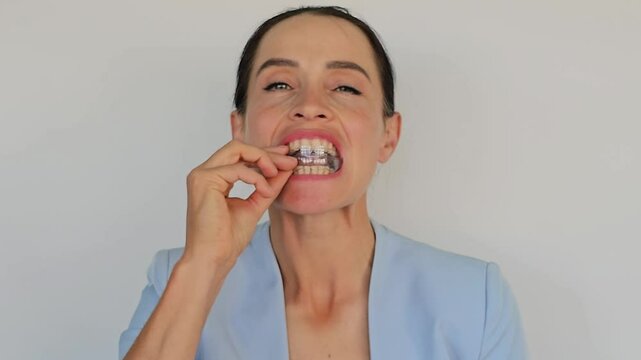 Smiling woman holds clear plastic mouthguard to straighten teeth