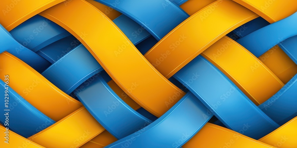Poster dynamic yellow and blue background with geometric shapes interlocking in a seamless pattern.
