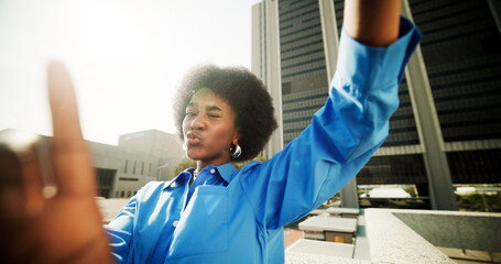 Selfie, wink and portrait with black woman in city for influencer, profile picture and post. Social media, content creator and gen z with person in Nigeria for hand frame, viral and photography