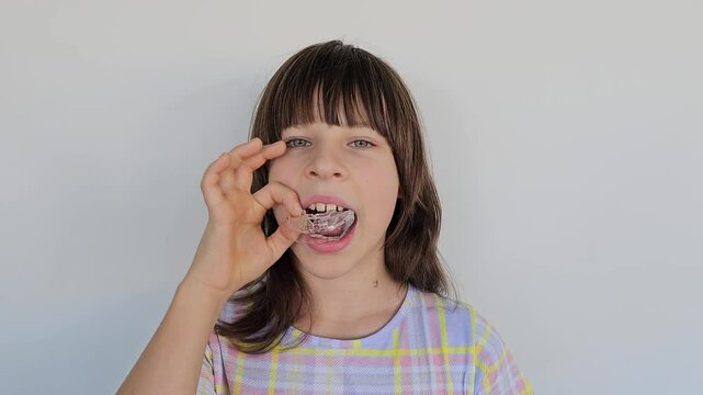 Teenage child proudly shows off a transparent dental retainer