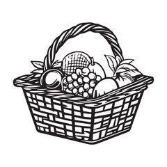 Fototapeta premium A basket filled with various fruits silhouette vector illustration on white background, Black and white coloring page food basket