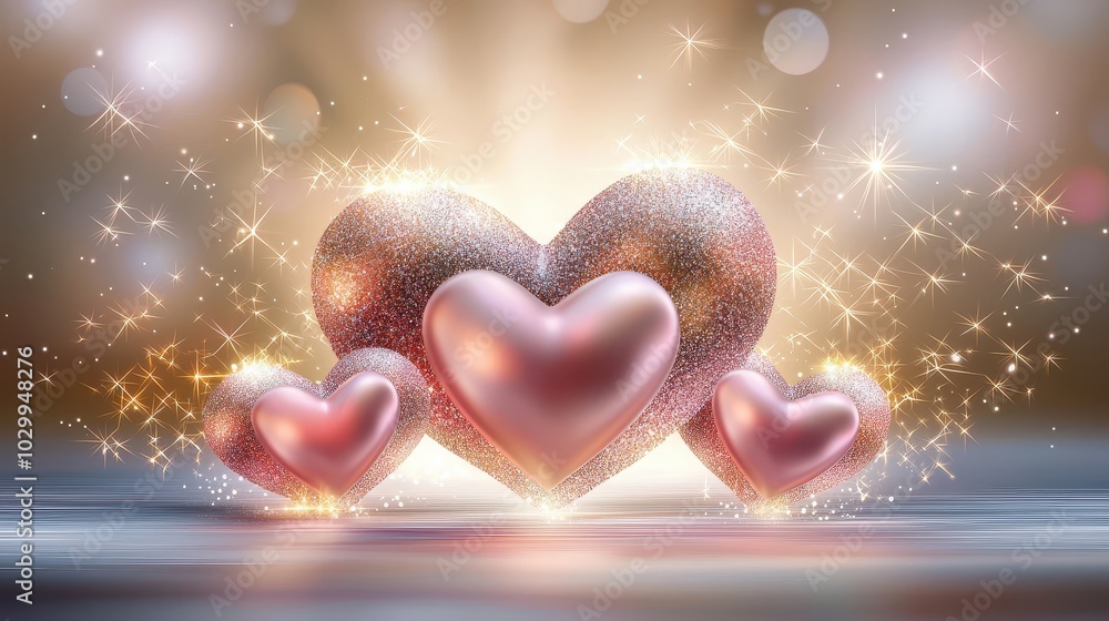 Poster glittery love heart background with sparkling hearts arranged in a dynamic pattern.