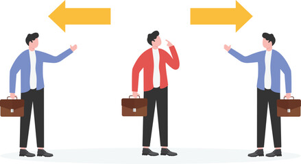 Two managers standing at the top of the stairs on the left and right respectively invite a businessman standing in the middle to go up,

