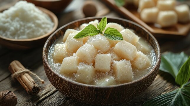 Traditional Indonesian dessert called cenil served in a coconut bowl with fresh ingredients