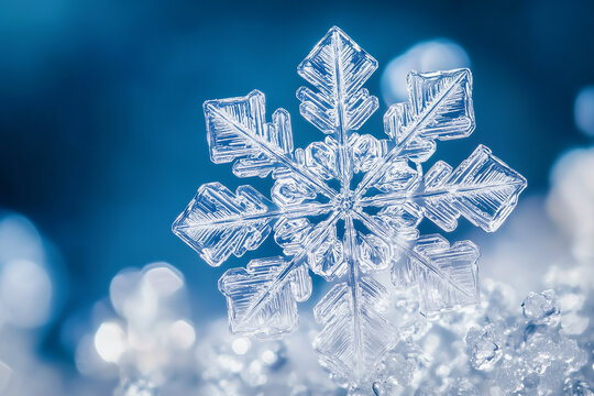Micro photo. Symmetrical snowflake close-up on a blue background. Winter, snow. Ice sparkle, bokeh. Christmas card.