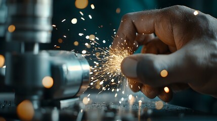 Skilled worker meticulously operating a precision grinding machine in a modern workshop