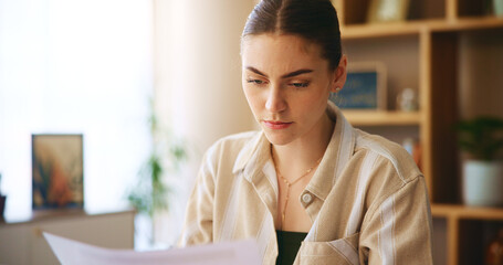 Planning, reading and woman with paperwork in home for finance budget, invoice and bank statement....