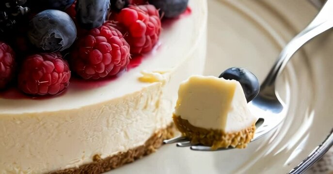 close up of creamy cheesecake topped with fresh berries, with forkful of desert