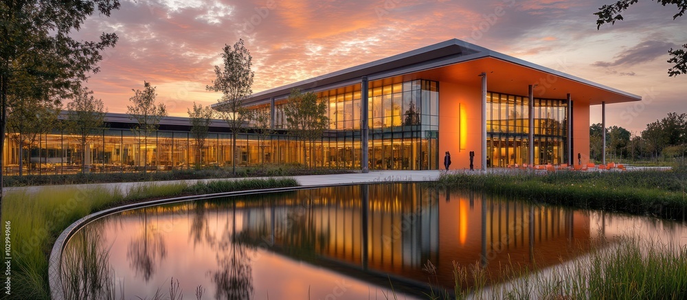 Poster a modern building with a reflecting pool in front of it, with sunset colors in the sky.