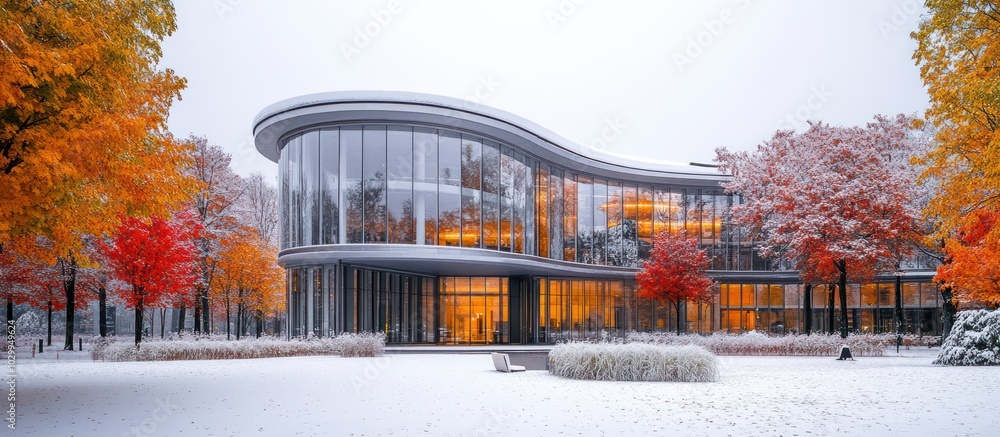 Poster a modern building with large windows and a curved facade stands in a snowy landscape with colorful a