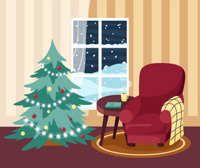 Cozy chair and Christmas tree by the window, winter evening.