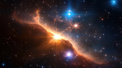 Luminous galaxy stars scattered across a vast expanse of space, surrounded by distant nebulae.