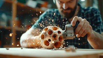 Skilled worker operating a high precision grinding machine in a contemporary workshop focusing on the intricate details and craftsmanship of metalworking processes