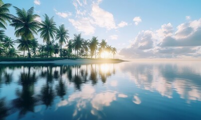 Serene tropical lagoon at sunrise, with calm waters reflecting the sky and palm trees lining the shore