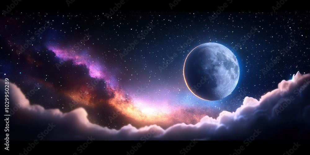 Wall mural mysterious galaxy and moon background with a large moon, distant stars, and swirling nebula clouds.
