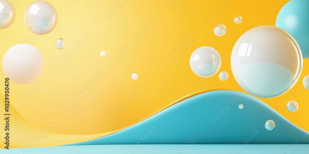 Poster playful yellow and blue background with abstract bubbles floating across both colors.
