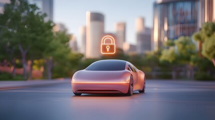 Sleek Modern Vehicle with Hovering Digital Lock Symbol in Smart City Rendering