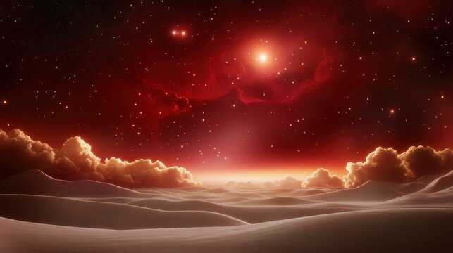 Red galaxy background with glowing nebula clouds and distant star clusters in a surreal space landscape.