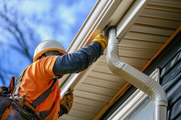 Fototapeta premium Worker Installing Gutter System On Residential Home