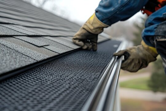 Close-up of a Worker Installing a Gutter Guard on a Roof