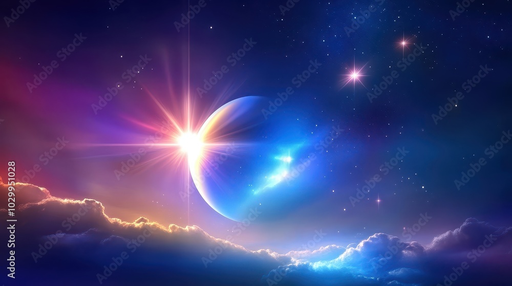 Poster simple galaxy background with a few bright stars and soft cosmic clouds, creating a calming space sc