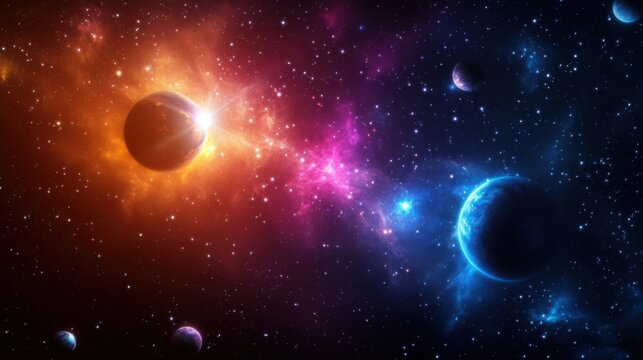 A vibrant star cluster casting colorful light across the universe with distant planets