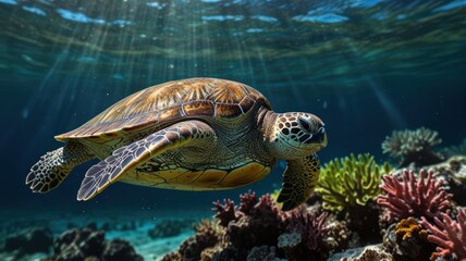 Fototapeta premium A sea turtle swims through a coral reef, with sunlight streaming down from above.