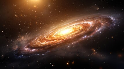 A 3D rendering of a vibrant galaxy with spirals of glowing stars and cosmic dust