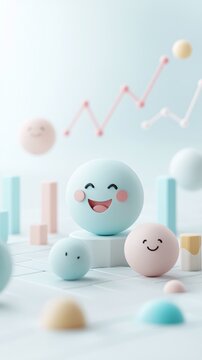 Consumer sentiment analysis, emotive faces and colorful charts, 3D illustration